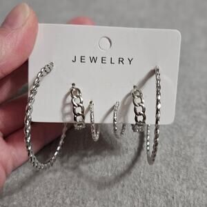 Streetwear Set of Silver-Tone Mixed Metal Twisted & Chain-Link Hoop Earrings